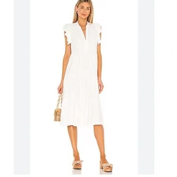 Amanda Uprichard Tiered Sheridan Midi Dress Ruffle Cap Sleeve Size S Cream - Picture 1 of 6